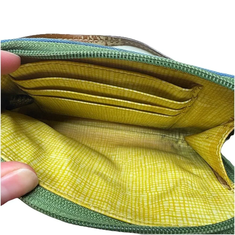 Fossil Wristlet Wallet PVC Coated Canvas Zip Around Green Blue Diamond print